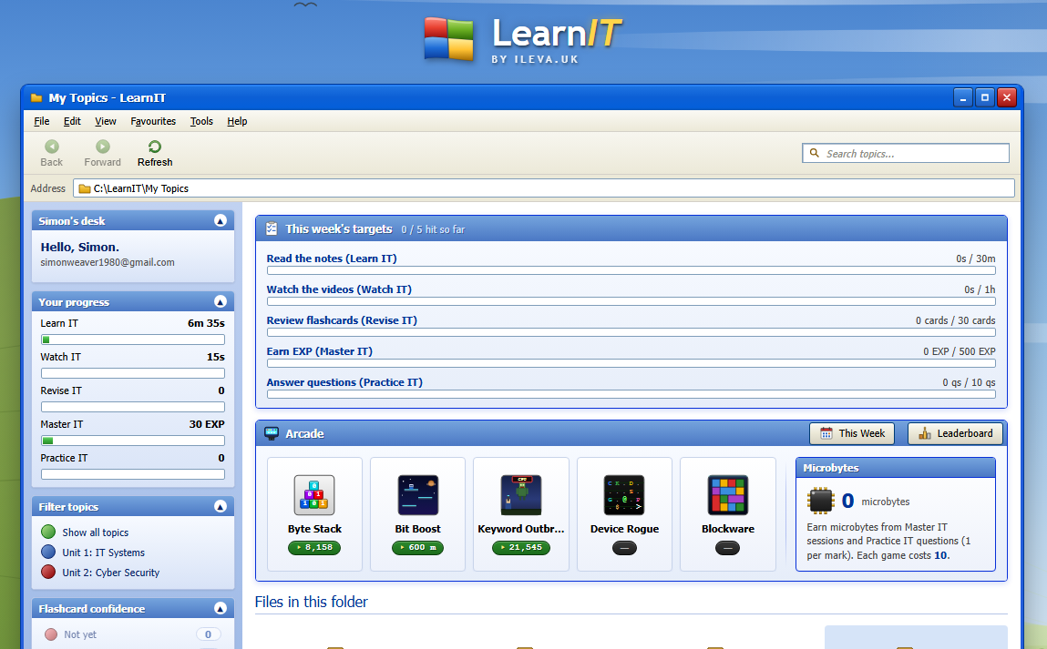 The LearnIT app — weekly targets, progress and arcade